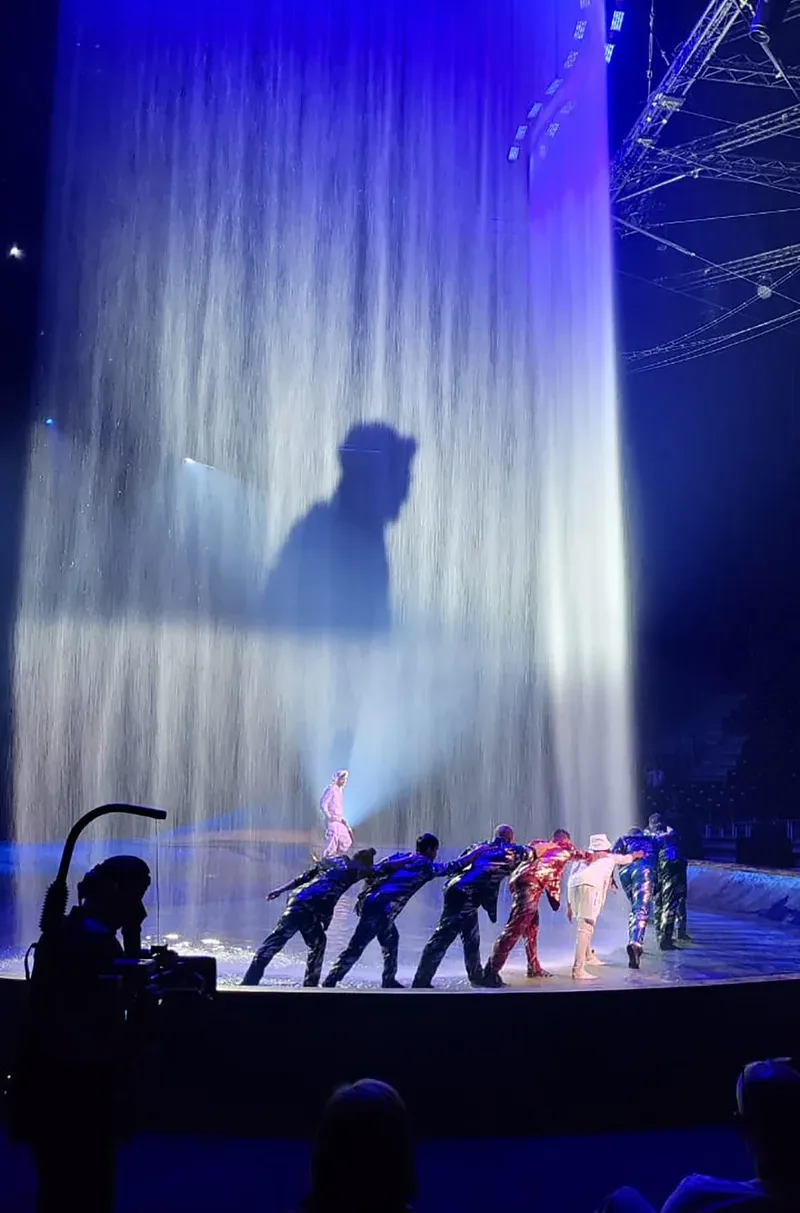 Cirque du Soleil live performance with water curtain, theatrical lighting and acrobatic cast