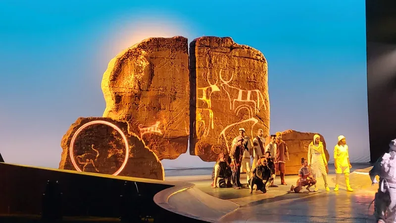 Cirque du Soleil Saudi National Day performance with scenic rock formations and live cast in Riyadh
