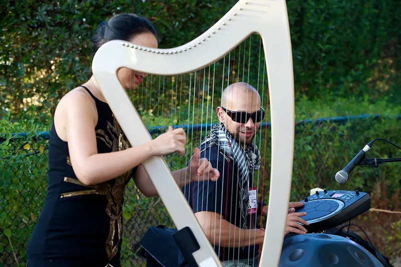 Live harp performance providing entertainment at an outdoor event