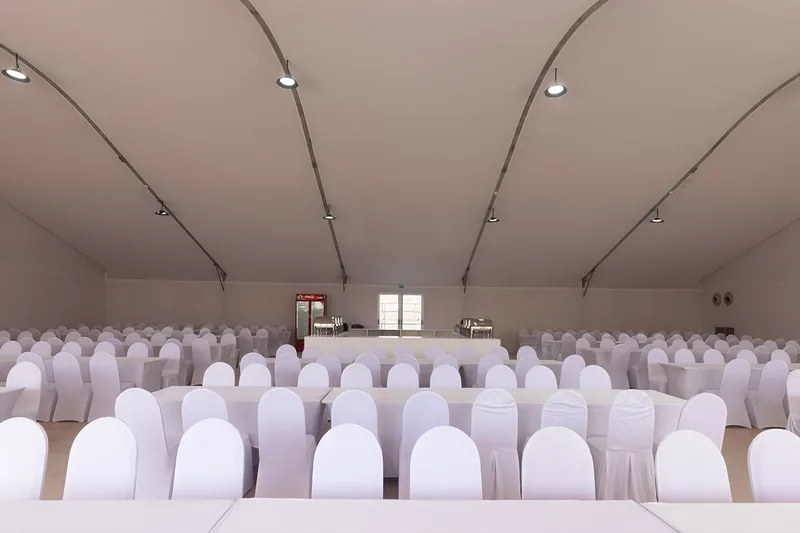 Temporary event venue with professional seating, lighting and guest facilities